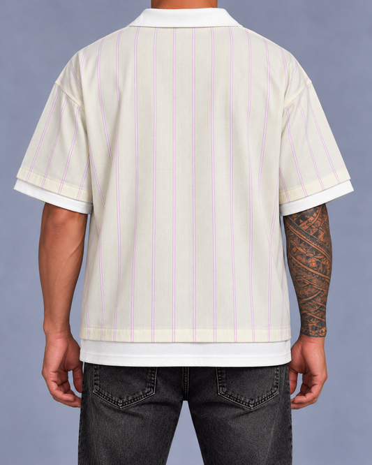 Polo Oversize Marfil con Rayas Rosadas